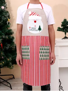 Full view of linen adult Christmas apron with Santa Claus embroidery and red striped pattern