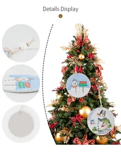 Detail view of round ceramic Christmas tree ornaments with hanging cord and beads