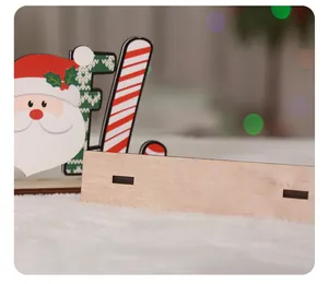 Close-up detail of the natural wooden base for decorative Christmas desk ornaments