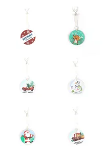 Detailed view of six Christmas ceramic ornaments with varied holiday illustrations