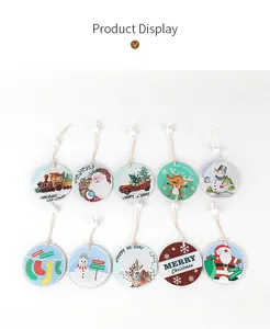 Variety of round ceramic Christmas ornaments with festive patterns and rope hangers.