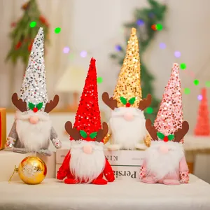 Christmas Sequin Reindeer Antler Hat Faceless Gnome Plush Doll Rudolph Figurine For Xmas Holiday Home Window Decor Gift