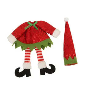 Kerst elf wijnfles hoes set met rood pailletten jurkje en bijpassende puntmuts
