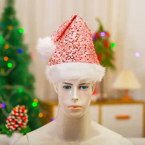 Cappello natalizio festivo con paillettes rosa e bordo in peluche bianco per feste