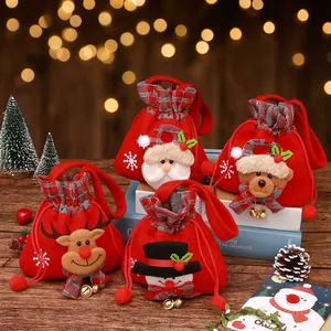 Sac Cadeau de Pomme de Noël Père Noël Bonhomme de Neige Renne Cordon Sac à Main Velours Toile de Jute Emballage de Bonbons Décoration