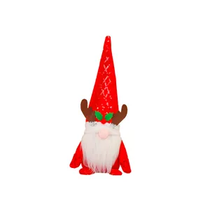 Festive Christmas plush gnome featuring a sequined reindeer antler hat and white beard