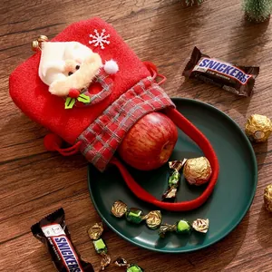 Sac à pommes de Noël rouge en peluche avec motif Père Noël pour emballage de cadeaux