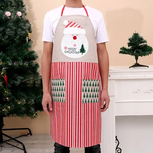 Adult Christmas Burlap Striped Apron Santa Claus Snowman Printed Kitchen Cooking Apron For Restaurant Festive Party Decoration