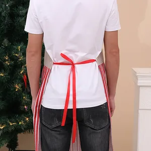 Festive Christmas linen apron for adults featuring red stripes and a stylish ribbon tie-back