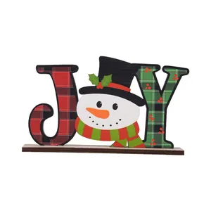 Festive Christmas wooden 'JOY' letter snowman desktop ornament with plaid patterns
