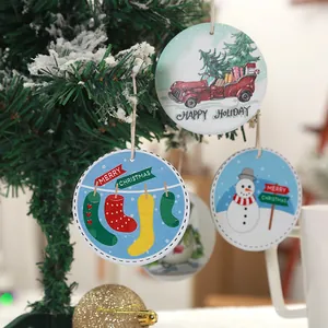 Christmas round ceramic hanging ornaments with festive snowman and car illustrations