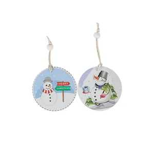Set of 2 round ceramic Christmas snowman hanging ornaments for tree decoration
