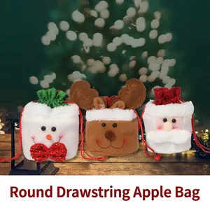 Christmas Drawstring Gift Bag Santa Claus Snowman Reindeer Pattern Soft Plush Apple Candy Pouch Festive Holiday Decoration Favor Bag
