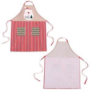 Festive Christmas linen apron with Santa Claus and red stripes for adults