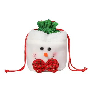 Festive snowman plush drawstring gift bag for Christmas treats and small holiday presents.