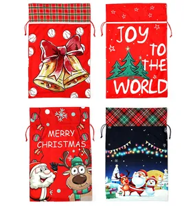 Set of four large Christmas drawstring gift bags with festive prints and holiday greetings.