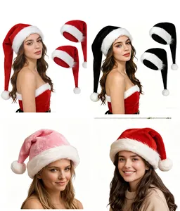 Close-up detail view of long plush Santa hats in classic red, black, and pink colors