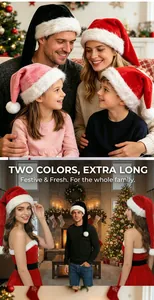 Family set of extra long plush Santa hats in red, black, and pink colors