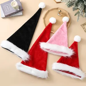 Collection of long plush Santa hats in red, black, and pink for festive party decor