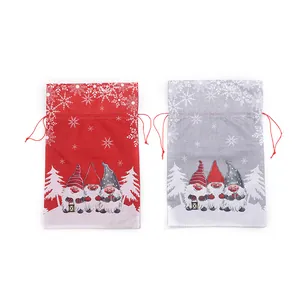 Bolsas de regalo de Navidad con cordón e impreso de gnomos en lino rojo y gris.