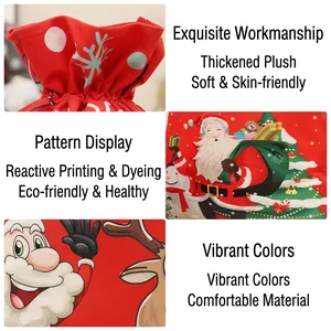 Close-up detail of large plush Christmas drawstring gift bag with festive Santa Claus print