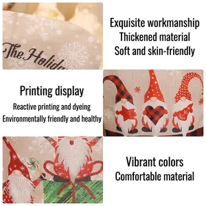 Burlap Christmas chair cover featuring cartoon forest gnomes and plaid patterns