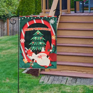 Bandiera festiva da giardino di Natale in lino bifacciale con Babbo Natale e albero