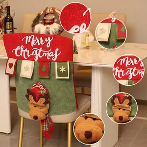 Funda de silla navideña 3D con reno de dibujos animados y bordado Merry Christmas