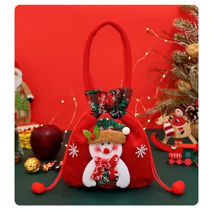 Festive red Christmas gift bag featuring a cute 3D plush snowman doll and drawstrings