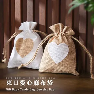 Sacchetto con Coulisse in Cotone e Lino a Cuore Borsa Regalo in Iuta Rustica per Gioielli Bomboniere Piccola Borsa di Stoccaggio