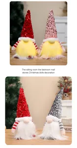 Detail of glowing and non-glowing sequin Christmas gnomes in a festive indoor setting.