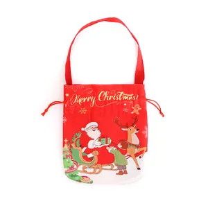 Sacchetto regalo di Natale rosso con stampa cartone animato Babbo Natale e manico a cordoncino