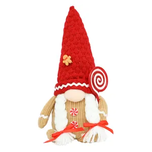 Handmade Christmas Gingerbread Gnome plush doll with red knit hat and candy cane accessory