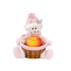 Cesta de frutas de Navidad decorativa de muñeco de nieve de peluche rosa con lentejuelas