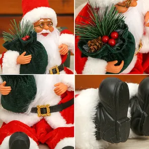 Detailed view of 12-inch sitting Santa Claus doll with gift bag and silicone face