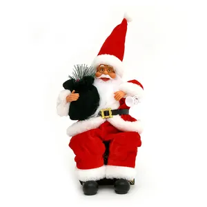 12 inch sitting Santa Claus doll ornament with green gift bag for Christmas holiday decor