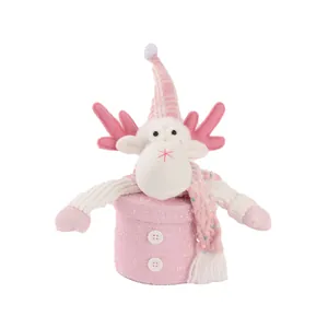 Pink plush reindeer Christmas candy jar gift box with sequins scarf and glitter base