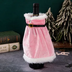Pink velvet Christmas wine bottle dress cover with faux fur trim and belt decoration