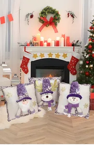 Set van 3 paarse lovertjes kerstkussenslopen met de kerstman, rendier en sneeuwpop