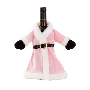 Pink velvet Santa wine bottle dress cover with white faux fur trim for Christmas table decor