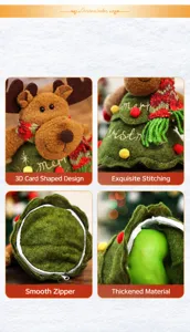 Detailopnames van een pluchen kerstboom-cadeauzakje met ritssluiting en een elandmascotte