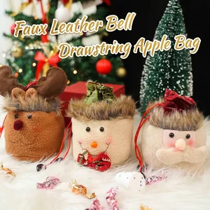 Petit Sac Cadeau de Noël à Cordon de Serrage en Similicuir Sherpa Motif Père Noël Bonhomme de Neige Renne Pochette à Bonbons