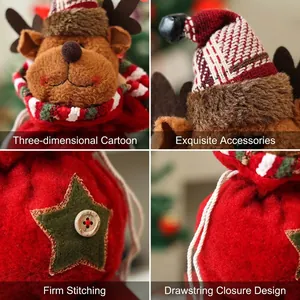Sacchetto regalo di Natale con renna di peluche, design 3D e robusta coulisse