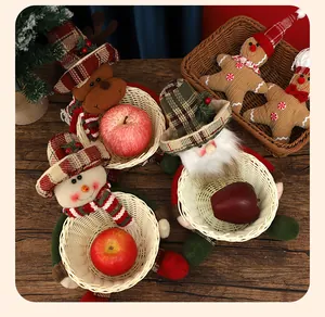 Detailed view of Christmas candy baskets featuring snowman, Santa, and elk plush figures.