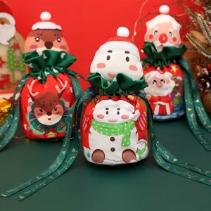 Christmas Velvet Gift Bag Cartoon Santa Claus Snowman Reindeer Pattern Drawstring Apple Pouches For Kids Holiday Party Treats Decorations