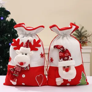 Große gestrickte Weihnachts-Kordelzugbeutel mit 3D-Weihnachtsmann- und Rentier-Motiv