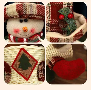 Close-up details of Christmas snowman candy basket showing woven texture and festive decor