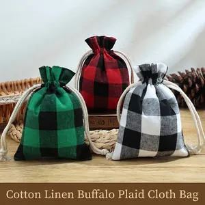 Sac Cadeau de Noël en Coton Lin à Cordon Buffalo Plaid Gingham Pochette de Rangement pour Bonbons et Bijoux