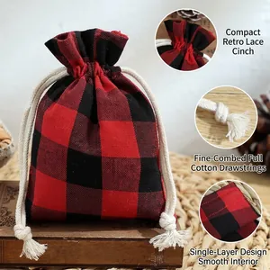 Sac cadeau festif en coton et lin à carreaux rouges et noirs avec cordon de serrage rétro