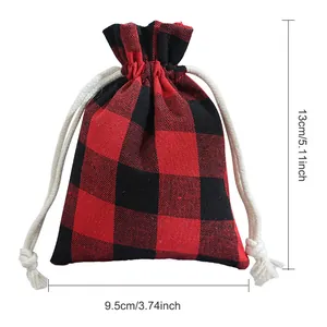 Pochette cadeau à cordon en coton et lin à carreaux rouges et noirs pour les fêtes de Noël